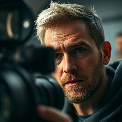 Close-up of Ben Carter, cinematography instructor, behind a camera